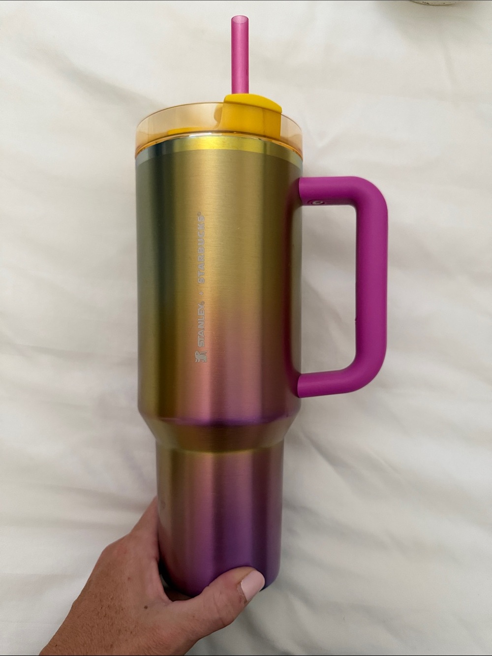 Stainless Steel Iridescent Travel Tumbler with Pink Handle